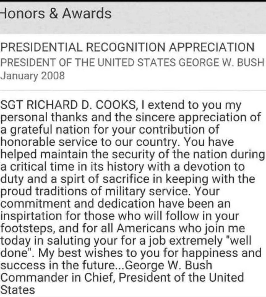 Richard Cooks recognition and service document